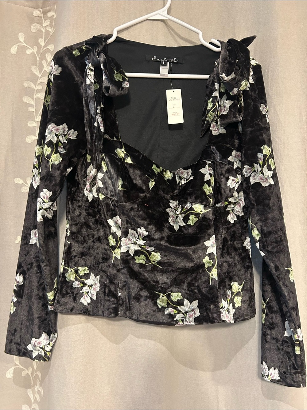 Hutch Black Velvet Floral Tie-Shoulder Blouse